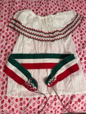 White Off-Shoulder Blouse with Red & Green Trim